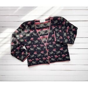vtg Susan Bristol black‎ pink floral wool cardigan sweater